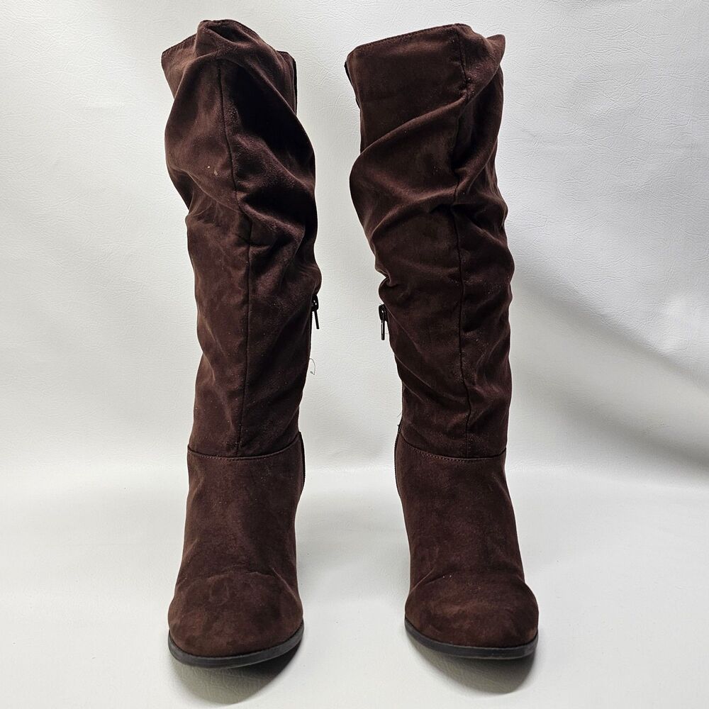 Brown Suede Wedge Boots Size 8 – Slouchy Knee High Side Zip Fall Fashion - Picture 2 of 8